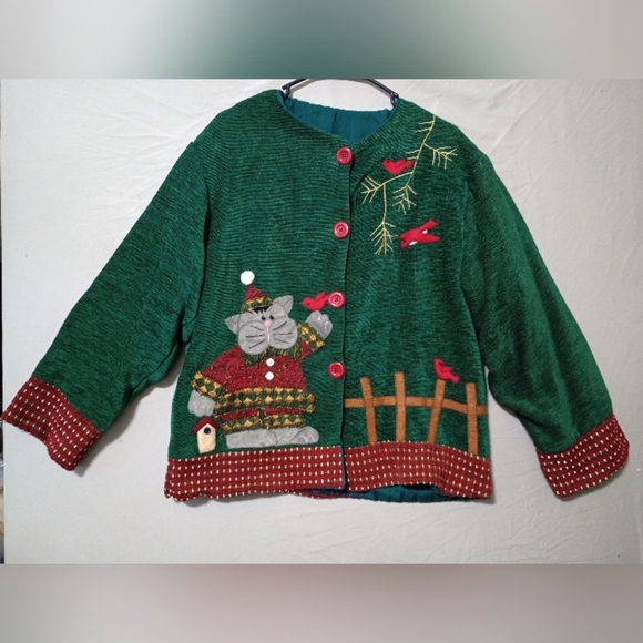 Christmas Jacket Women's OS Green Red Cat Red Birds Embroidered Boho Grannycore - Picture 1 of 6